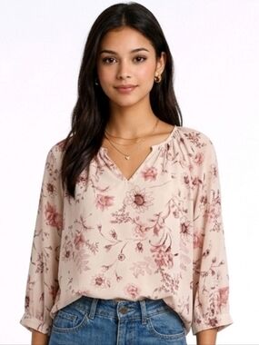 Maurices Beige & Maroon Floral Split V-neck 3/4 Sleeve Peasant Blouse Size XS